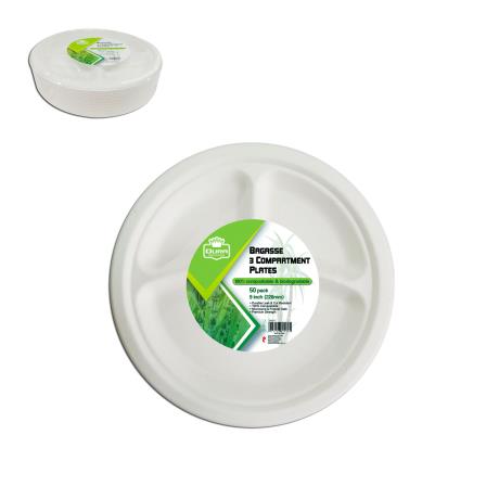 9inch Bagasse 3 Compartment Plate 50pk